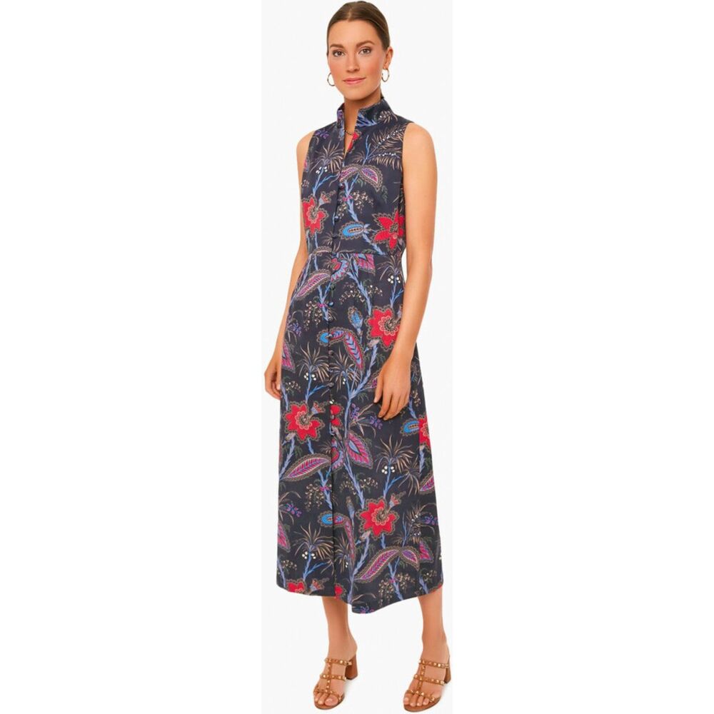 TUCKERNUCK Black Red Floral Button Up Sundance Sky Formal Midi Dress Size Small